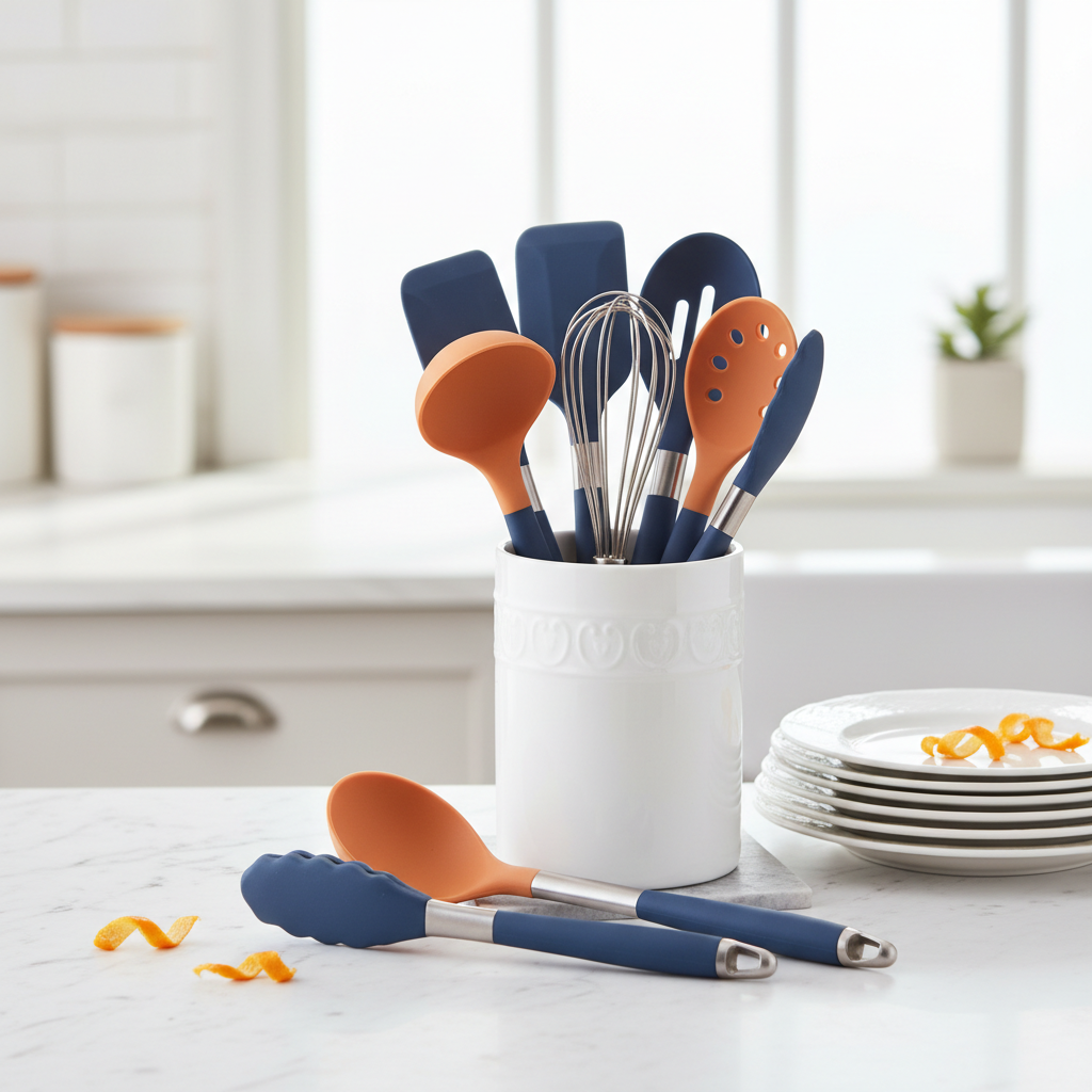 Set utensili cucina in silicone su piano in marmo